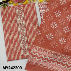 CODE MY242209 : Dark peach slub cotton unstitched salwar material, thread & sequins work on yoke, vertical printed all over(lining optional)printed cotton bottom, floral printed soft cotton dupatta(REQUIRES TAPINGS).