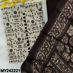 CODE MY242221 : Light beige jute cotton unstitched salwar material, potli buttons on yoke, warli block printed all over(lining optional)dark brown cotton bottom, printed art silk dupatta (REQUIRES TAPINGS).