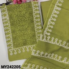 CODE MY242205 : Mossy green fancy silk cotton unstitched salwar material,embroidered on yoke&front ,original wax batik all over(lining needed)matching drum dyed cotton for lining, NO BOTTOM, wax batik soft silk cotton dupatta(REQUIRES TAPINGS).