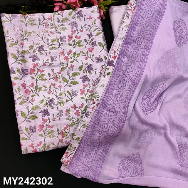 CODE MY242302 : Lavender fancy silk cotton unstitched salwar material, fancy buttons on yoke, floral printed all over(lining needed)matching silky bottom, block printed chiffon dupatta with tapings.