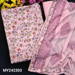 CODE MY242303 : Pastel pink fancy silk cotton unstitched salwar material, fancy buttons on yoke, floral printed all over(lining needed)matching silky bottom, block printed chiffon dupatta with tapings.
