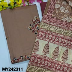 CODE MY242311 : Light chocolate brown satin cotton unstitched salwar material, applique work on front(lining optional)Maroon pure cotton bottom, printed pure cotton dupatta with kota lace tapings.