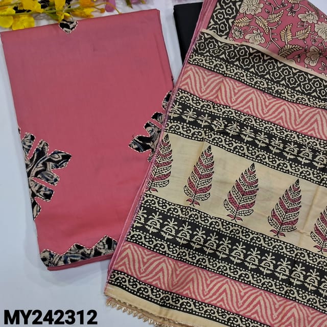 CODE MY242312 : Pink satin cotton unstitched salwar material, applique work on front(lining optional)Black pure cotton bottom, printed pure cotton dupatta with kota lace tapings.