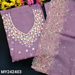 CODE MY242403 : Mauve premium soft silk cotton unstitched salwar material, rich sequins& pearl bead work on yoke(lining needed)matching santoon bottom, embroidered fancy organza dupatta with cut work edges.
