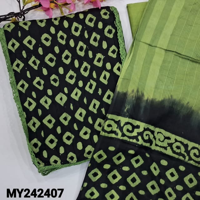 CODE MY242407 : Black with green pure cotton unstitched salwar material, panel pattern with pintex&lace work, batik design all over(lining optional)matching pure drum dyed soft cotton bottom, dual shaded pure cotton dupatta(REQUIRES TAPINGS).