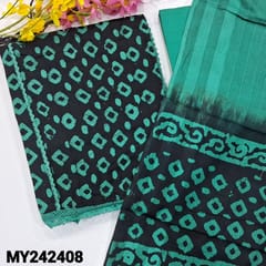 CODE MY242408 : Black with turquoise blue pure cotton unstitched salwar material, panel pattern with pintex&lace work, batik design all over(lining optional)matching pure drum dyed soft cotton bottom, dual shaded pure cotton dupatta(REQUIRES TAPINGS).