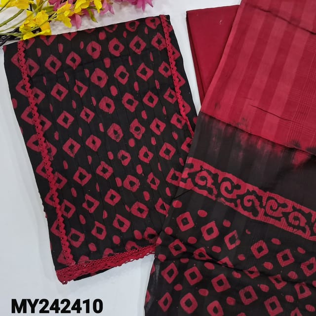 CODE MY242410 : Black with reddish maroon pure cotton unstitched salwar material, panel pattern with pintex&lace work, batik design all over(lining optional)matching pure drum dyed soft cotton bottom, dual shaded pure cotton dupatta(REQUIRES TAPINGS).