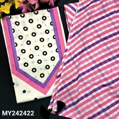CODE MY242422 : Half white base soft cotton unstitched salwar material, purple &pink printed with faux mirror work on yoke, polka dots all over(thin fabric, lining needed)leheriya printed cotton bottom, leheriya printed cotton dupatta with simple tassels.