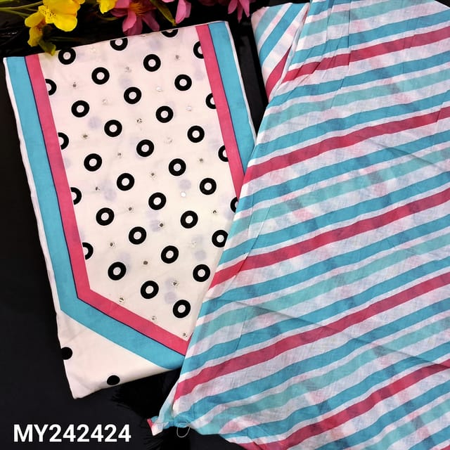 CODE MY242424 : Half white base soft cotton unstitched salwar material, blue &pink printed with faux mirror work on yoke, polka dots all over(thin fabric, lining needed)leheriya printed cotton bottom, leheriya printed cotton dupatta with simple tassels.