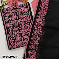 CODE MY242505 : Black noil fabric unstitched salwar material, embroidered on yoke(netted fabric, lining needed)lace work on daman, pink silk cotton bottom, noil fabric dupatta with heavy borders& lace tapings.