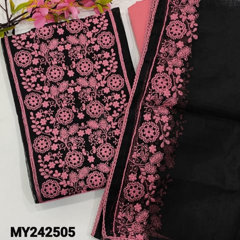 CODE MY242505 : Black noil fabric unstitched salwar material, embroidered on yoke(netted fabric, lining needed)lace work on daman, pink silk cotton bottom, noil fabric dupatta with heavy borders& lace tapings.