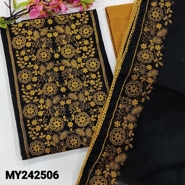 CODE MY242506 : Black noil fabric unstitched salwar material, embroidered on yoke(netted fabric, lining needed)lace work on daman, honey brown silk cotton bottom, noil fabric dupatta with heavy borders& lace tapings.