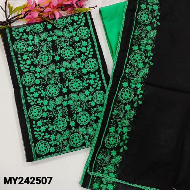 CODE MY242507 : Black noil fabric unstitched salwar material, embroidered on yoke(netted fabric, lining needed)lace work on daman, turquoise green silk cotton bottom, noil fabric dupatta with heavy borders& lace tapings.