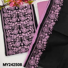 CODE MY242508 : Black noil fabric unstitched salwar material, embroidered on yoke(netted fabric, lining needed)lace work on daman, lavender silk cotton bottom, noil fabric dupatta with heavy borders& lace tapings.