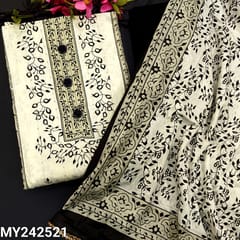 CODE MY242521 : Half white soft cotton unstitched salwar material, fancy buttons on yoke, printed all over, sequins work on front(lining needed)black cotton bottom, printed soft pure cotton dupatta with kota lace tapings.