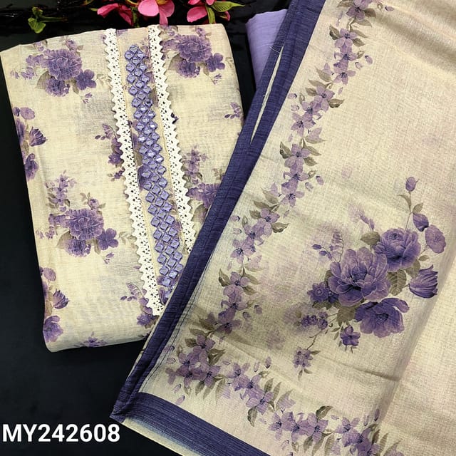 CODE MY242608 : Beige with tissue silk cotton unstitched salwar material,real mirror& lace work on yoke,floral printed all over(thin, lining needed)lavender drum dyed pure soft cotton bottom, floral printed tissue silk cotton dupatta with tapings.