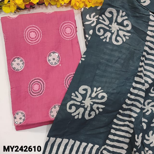 CODE MY242610 : Pink soft cotton original wax batik unstitched salwar material, embroidered& faux mirror work on yoke(thin fabric, lining needed)Dark grey batik dyed pure cotton bottom, batik dyed pure cotton dupatta(REQUIRES TAPINGS).