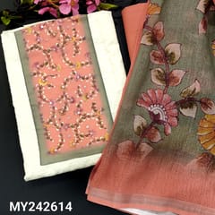 CODE MY242614 : half white shiffli embroidered pure cotton unstitched salwar material, digital printed yoke patch with faux mirror work(thin fabric, lining needed)dark peach soft cotton bottom, printed semi linen dupatta