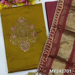 CODE MY242701 : PRE ORDER Mehandhi yellow satin cotton unstitched salwar material, rich work on yoke(lining optional)lace work on daman, pink drum dyed pure soft cotton bottom, zigzag printed soft silk cotton dupatta with lace work and tassels.