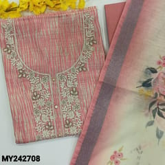 CODE MY242708 : Pink semi linen unstitched salwar material, thread, zari& bead work on yoke, abstract printed all over(thin fabric, lining needed)matching cotton bottom, floral printed semi linen dupatta with silver tissue borders.