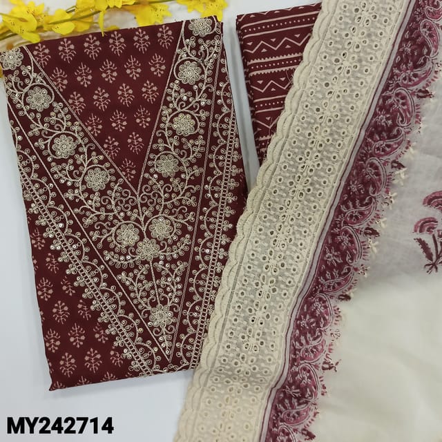 CODE MY242714 : Maroon soft premium cotton unstitched salwar material, v neck with heavy thread& sequins work, printed all over(lining optional)vertical printed bottom, block printed pure mul cotton dupatta with schiffli embroidered &cut work edges.