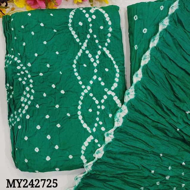 CODE MY242725 : Turquoise green pure cotton unstitched salwar material, original bandhani work all over (lining needed)matching original bandhini pure cotton bottom,bandhani dupatta with cut work edges