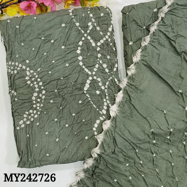 CODE MY242726 : Grey pure cotton unstitched salwar material, original bandhani work all over (lining needed)matching original bandhini pure cotton bottom,bandhani dupatta with cut work edges