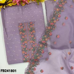 CODE FB241801 : Designer lavender with gold tint silk cotton unstitched salwar material,zari buttas all over,yoke with embroidery and sequins work(thin,lining needed) matching santoon bottom,fancy organza embroidered dupatta.