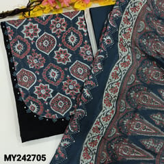 CODE MY242705 : Black premium hacoba unstitched salwar material, ajrak hand block printed on yoke with embroidered & foil work(lining needed)Blue pure soft cotton bottom, ajrak block printed pure mul cotton dupatta with applique work.