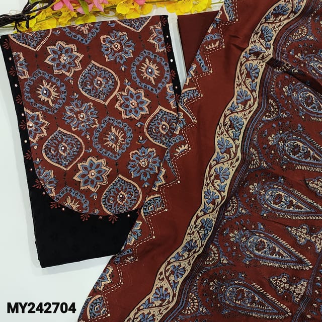 CODE MY242704 : Black premium hacoba unstitched salwar material, ajrak hand block printed on yoke with embroidered & foil work(lining needed)Maroon pure soft cotton bottom, ajrak block printed pure mul cotton dupatta with applique work.