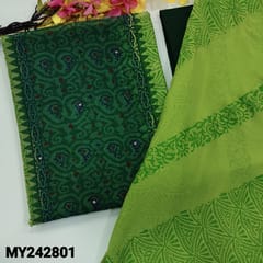 CODE MY242801 : Light green with dark green super net unstitched salwar material, block printed all over, faux mirror work on front, panel pattern(netted fabric, lining needed)Dark green silk cotton bottom, block printed dual shaded chiffon dupatta