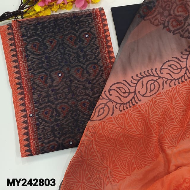 CODE MY242803 : Dark peach with grey super net unstitched salwar material, block printed all over, faux mirror work on front, panel pattern(netted fabric, lining needed)Dark grey cotton bottom, block printed dual shaded chiffon dupatta.