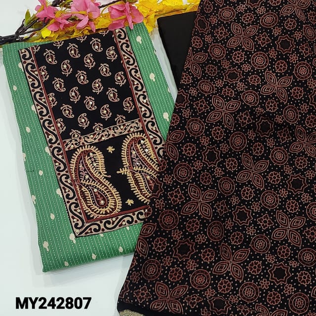 CODE MY242807 : Green kantha cotton unstitched salwar material,ajrak block printed yoke ,printed all over(lining optional)maroon pure cotton bottom, ajrak block printed pure kota cotton dupatta with gold zari borders(REQUIRES TAPINGS).