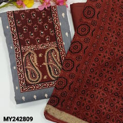 CODE MY242809 : Grey kantha cotton unstitched salwar material,ajrak block printed yoke ,printed all over(lining optional)maroon pure cotton bottom, ajrak block printed pure kota cotton dupatta with gold zari borders(REQUIRES TAPINGS).