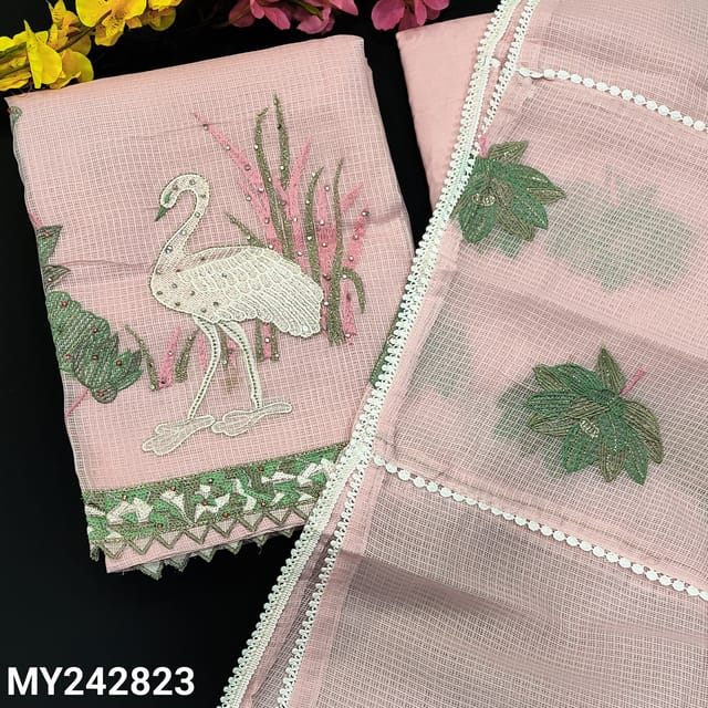 CODE MY242823 : Pastel pink kota silk cotton unstitched salwar material, embroidered on yoke(thin, lining needed)rich work on daman, matching spun cotton bottom, kota dupatta with embroidered& lace tapings.