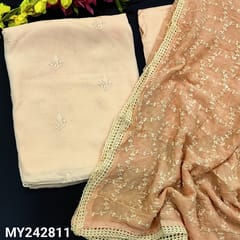 CODE MY242811 : Peach georgette unstitched salwar material, zardozi work on yoke, thread work on front(thin fabric, lining needed)matching santoon bottom, dark Peach embroidered georgette dupatta with lace tapings.