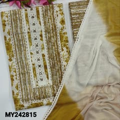 CODE MY242815 : White base printed premium cotton unstitched salwar material, Dark beige floral printed all over(lining optional)printed cotton bottom, dual shaded chiffon dupatta with lace tapings.