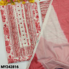 CODE MY242816 : White base printed premium cotton unstitched salwar material, Pink floral printed all over(lining optional)printed cotton bottom, dual shaded chiffon dupatta with lace tapings.