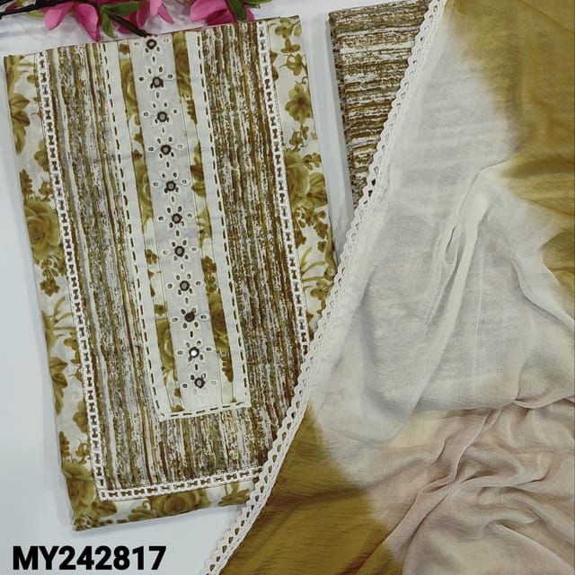 CODE MY242817 : White base printed premium cotton unstitched salwar material, olive green floral printed all over(lining optional)printed cotton bottom, dual shaded chiffon dupatta with lace tapings.