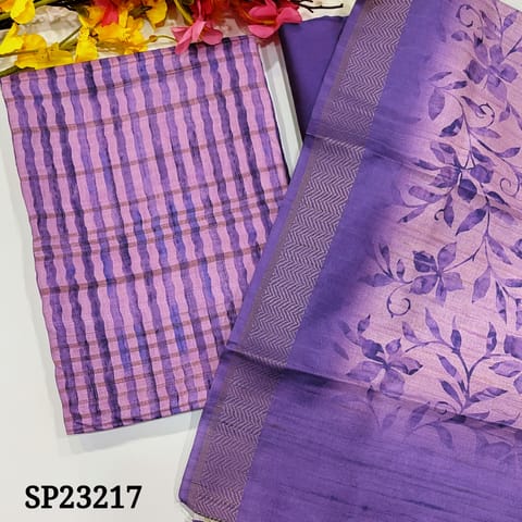 CODE SP23217 :  Designer Lavender and purple printed Semi Gicha Soft Silk Cotton unstitched salwar material(lining needed) self weaving pattern all over, Purple silk Cotton Bottom, Floral printed silk cotton dupatta with zari weaving borders.