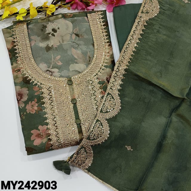 CODE MY242903 : Cement green with golden tint pure tissue organza silk unstitched salwar material, rich zari &sequins work on yoke, floral printed all over(thin, lining needed)matching santoon bottom, tissue organza silk dupatta with heavy zari work.