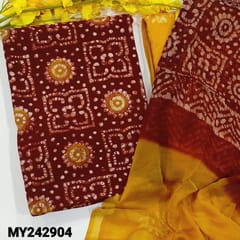 CODE MY242904 : Reddish maroon modal cotton unstitched salwar material, original wax batik all over(lining needed)yellow original wax batik modal cotton bottom, dual shaded pure chiffon dupatta(REQUIRES TAPIGS).