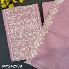 CODE MY242908 : Pastel pink noil fabric unstitched salwar material, embroidered on yoke(netted fabric, linin needed)matching silky fabric provided for both lining& bottom, noil fabric embroidered dupatta with cut work edges.