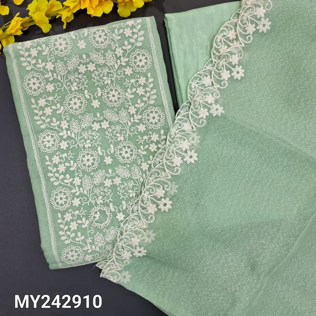 CODE MY242910 : Pastel green noil fabric unstitched salwar material, embroidered on yoke(netted fabric, linin needed)matching silky fabric provided for both lining& bottom, noil fabric embroidered dupatta with cut work edges.