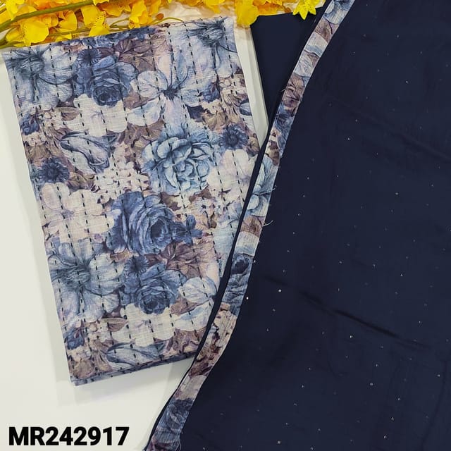 CODE MR242917 : Printed linen cotton unstitched salwar material,floral work over,kantha stitch on front(thin,lining needed)dark blue cotton bottom,soft silk cotton dupatta with sequins work and tapings.