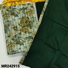 CODE MR242915 : Printed linen cotton unstitched salwar material,floral work over,kantha stitch on front(thin,lining needed)mossy green cotton bottom,soft silk cotton dupatta with sequins work and tapings.