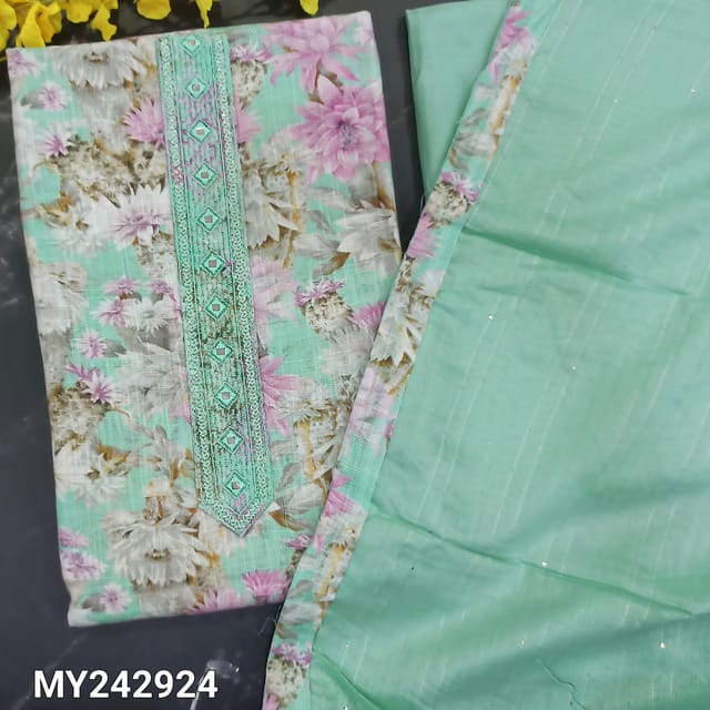 CODE MY242924 : Sea green base semi linen unstitched salwar material, floral printed all over, yoke with thread &foil work(lining needed)matching spun cotton bottom, soft silk cotton dupatta with thread sequins work &printed tapings.