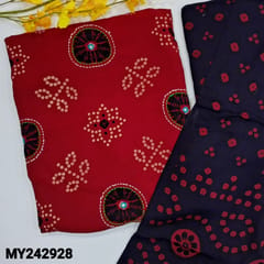 CODE MY242928 : Reddish maroon rayon unstitched salwar material, bandhini print all over(lining optional)kantha &mirror work on front, bandhini printed navy blue rayon bottom, bandhini printed soft silk cotton dupatta(REQUIRED TAPINGS).