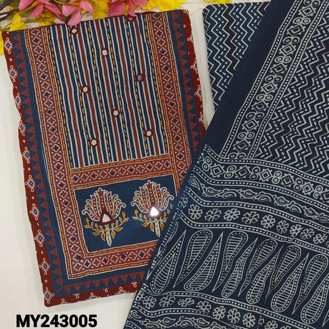 CODE MY243005 : Maroon premium cotton unstitched salwar material, ajrak block printed yoke patch with thread& real mirror work on yoke, printed all over(lining optional)indigo blue zigzag printed cotton bottom, pure mul cotton dupatta(REQUIRES TAPINGS).
