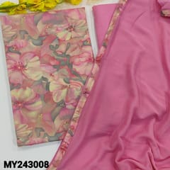 CODE MY243008 : Pink floral printed premium satin cotton unstitched salwar material(lining optional)matching drum dyed cotton bottom, plain chiffon dupatta with tapings.